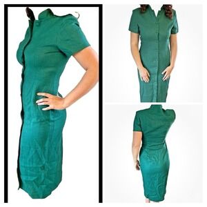 VTG USA Made Sz M Fitted Button Down Dress 100% Linen Emerald Green Pinup